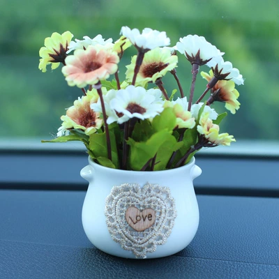 Car ornaments, ceramic potted car decoration - rice-white-daisy-flower-white-bottle