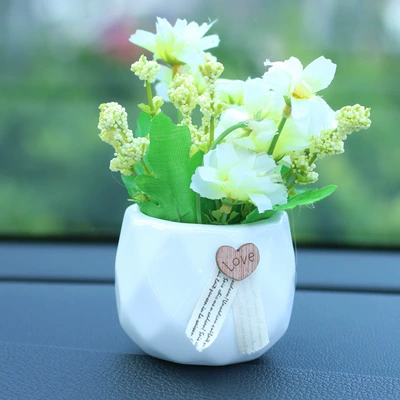Car ornaments — simulation car ceramic potted - white-jump-blue-chrysanthemum-white-bottle