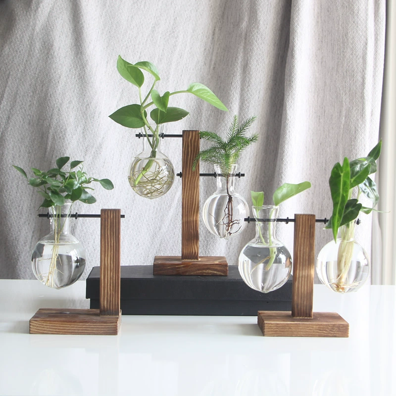 Деревянная рама гидропонная ваза (Tenghui) — янт High-Borosilicate стекло, ручная работа, настольная 1–2 бутылки
