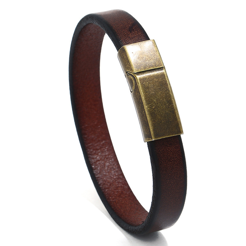 European and American Fashion Men's Bracelet Simple All-match Men's Cowhide Bracelet Gap Personality Engraved Stainless Steel Bracelet