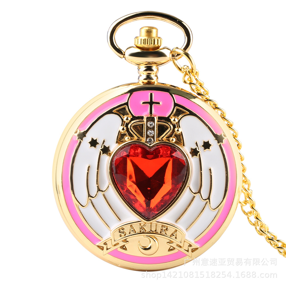 Varied Sakura Love Pocket Watch with Diamond Japanese Animation Student Girl's Heart Retro Flip Quartz Pocket Watch
