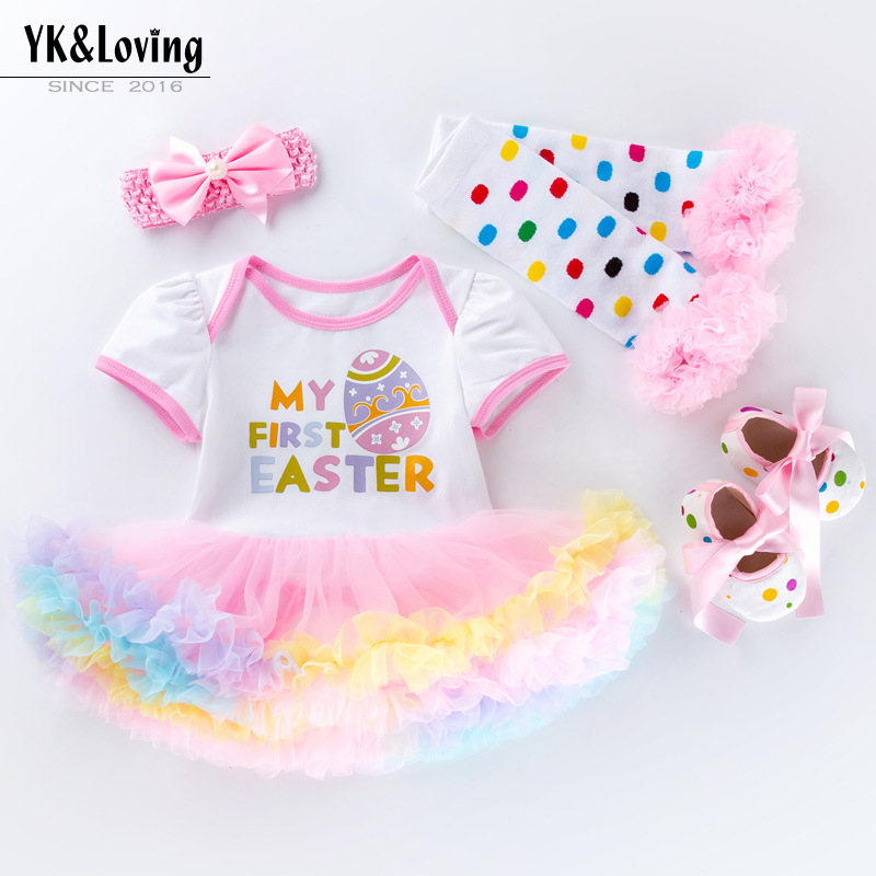 2026 New Easter Egg Baby Clothes Romper Dress Shoes Socks Set Baby Holiday Party Dress