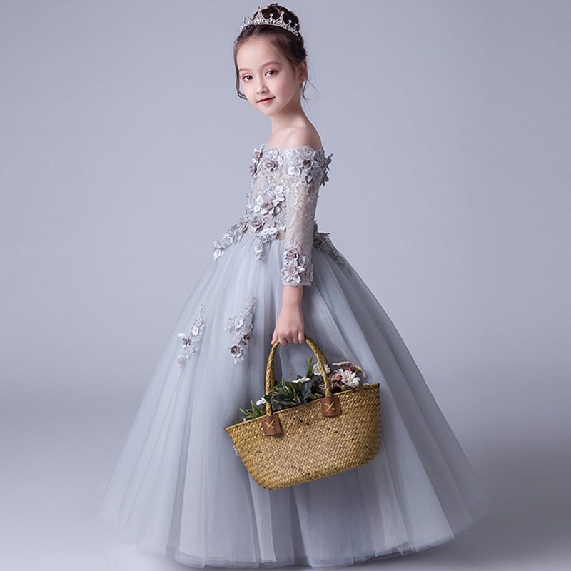 Girls Off-The-Shoulder Long Dress Princess Ball Gown Evening Performance Costume Flower Girl Birthday Emcee Dress_voghion.com