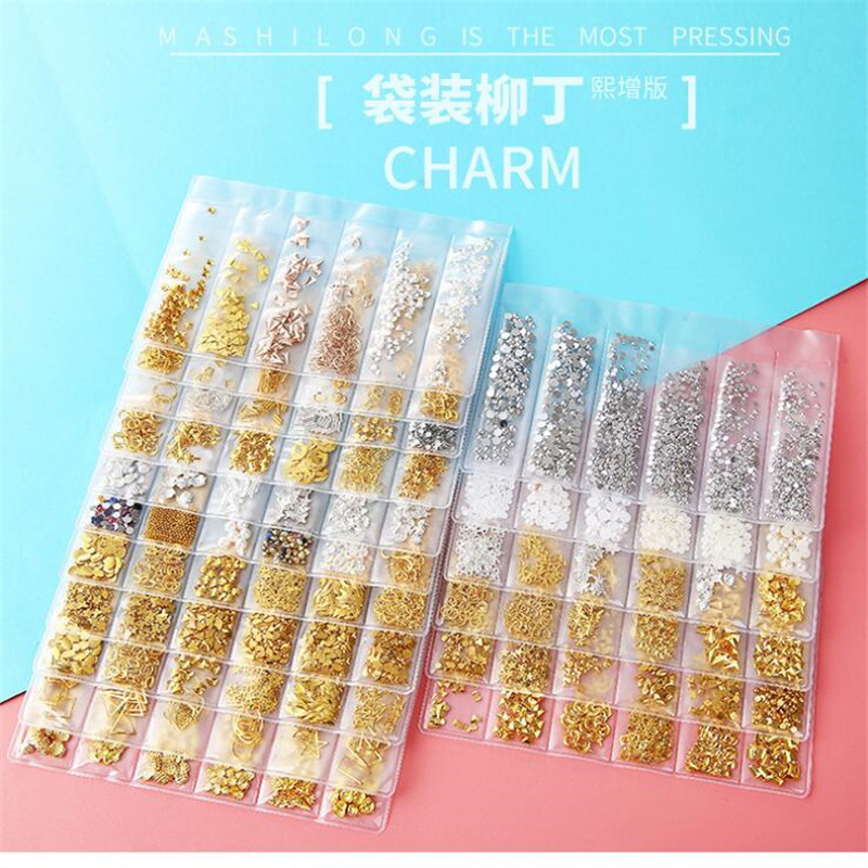 Suministros transfronterizos accesorios de uñas japoneses 6-rejilla bolsa remache joyería parche de metal decoraciones de taladro de uñas