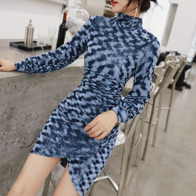 Váy nhung cổ cao ôm sát body nữ phong cách Hàn Quốc — Màu xanh lam