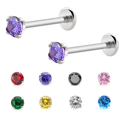Europe and America fashion Titanium Pie Barbell Four claws colour zircon Tongue pin labret Bone nail Titanium puncture Jewelry