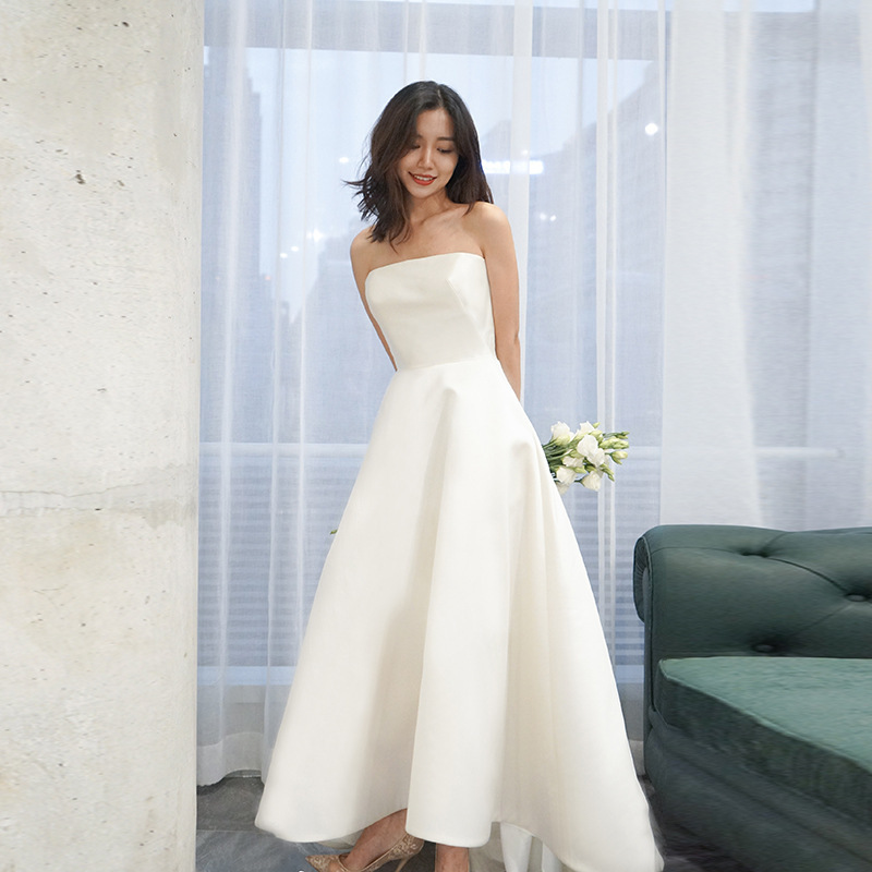 Satin Wedding Dress Simple 2026 Summer New Korean Style Strapless High-Waisted Slimming Dreamy Princess Outdoor Travel Photography Wedding