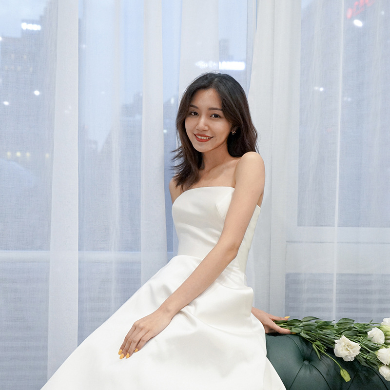 Satin Wedding Dress, Simple 2026 Spring New Korean Strapless, High-waisted, Slimming, Dreamy Princess Style, Suitable_voghion.com