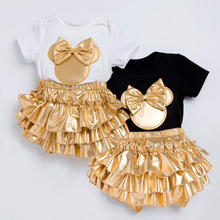 跨境欧美外贸亚马逊儿童套装金色蝴蝶结短袖哈衣+裙裤两件套