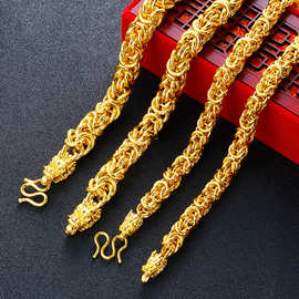 越南沙金镀24K黄金男士布纹龙头项链 霸气沙金首饰黄铜项链批发