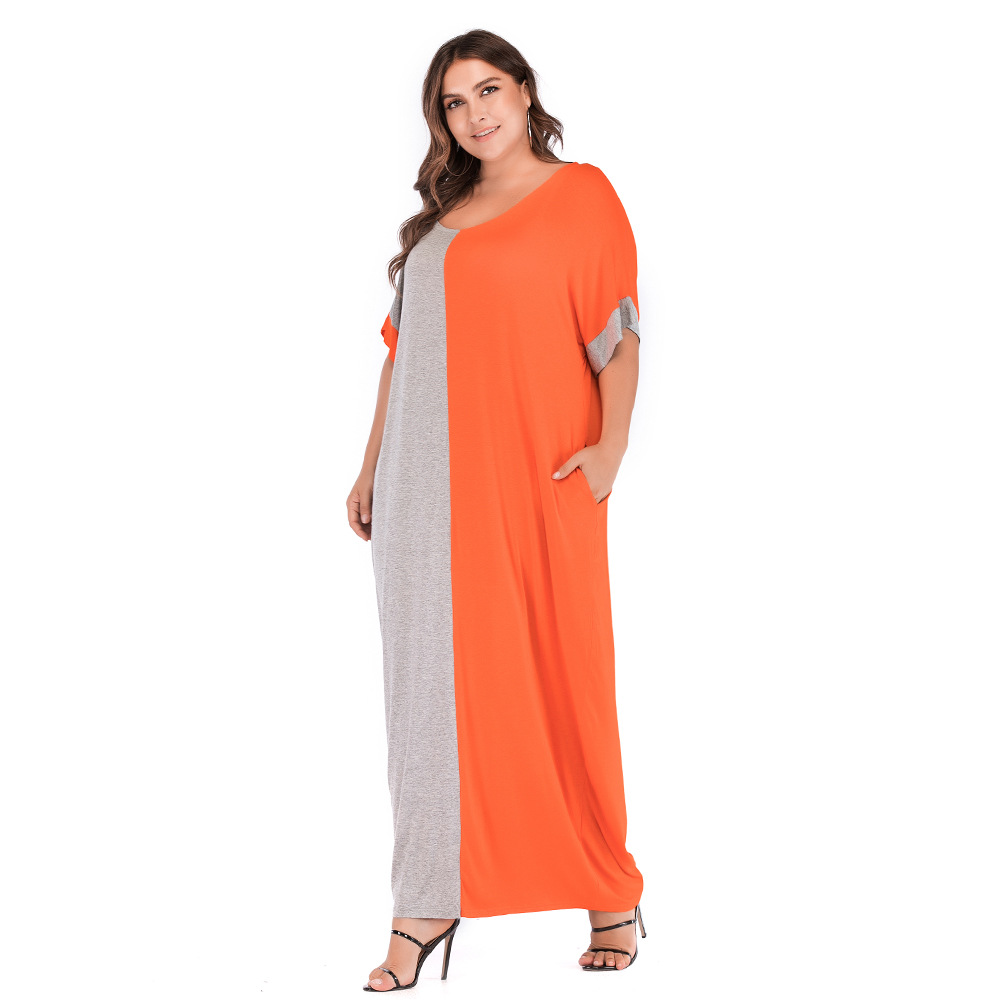Summer New Plus Size Women's Loose Color-Block Round Neck Short Sleeve Dress Arabic Clothing JR3311_ecoleips.com