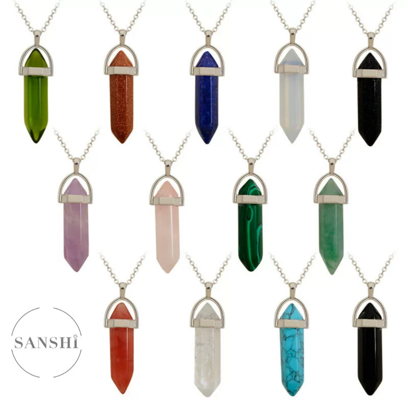 Quartz, organic accessory, hexagonal pendant, bullet, crystal necklace, sweater, European style