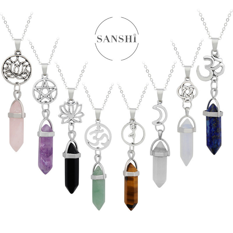 European and American Natural Stone Middle East Symbol Hexagonal Pendant Five-pointed Star Mans Moon Spirit Pendulum Alloy Lotus Crystal Necklace