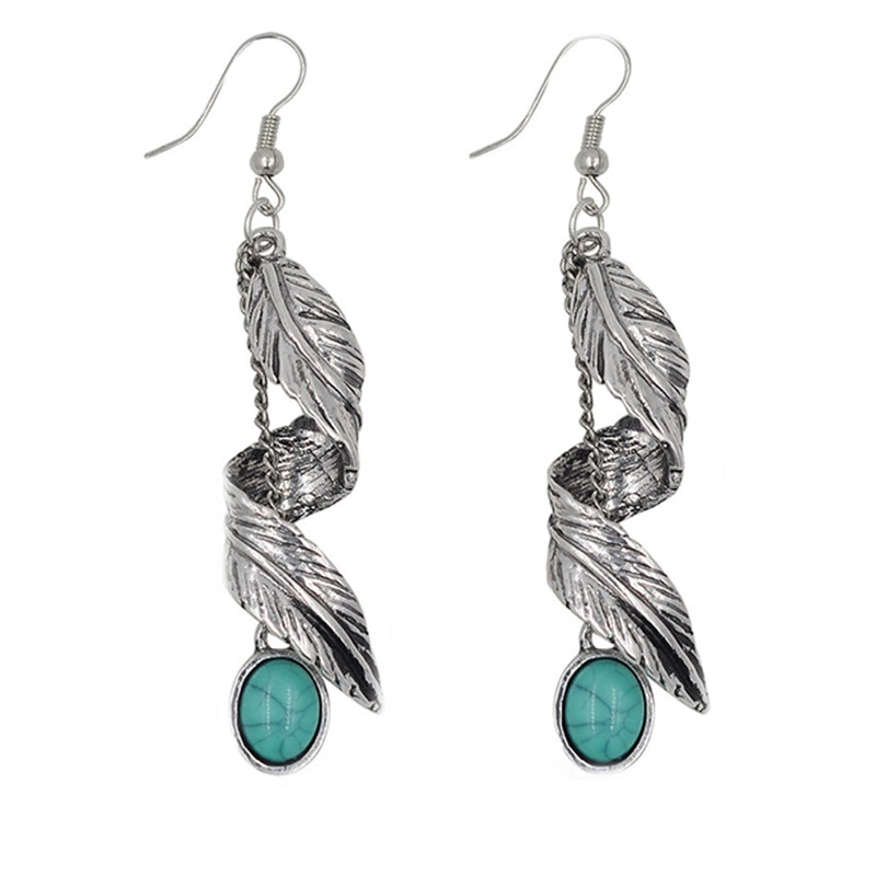 Retro Turquoise Drop Earrings, Ancient Silver Plated Leaf Dangle, Boho European Style