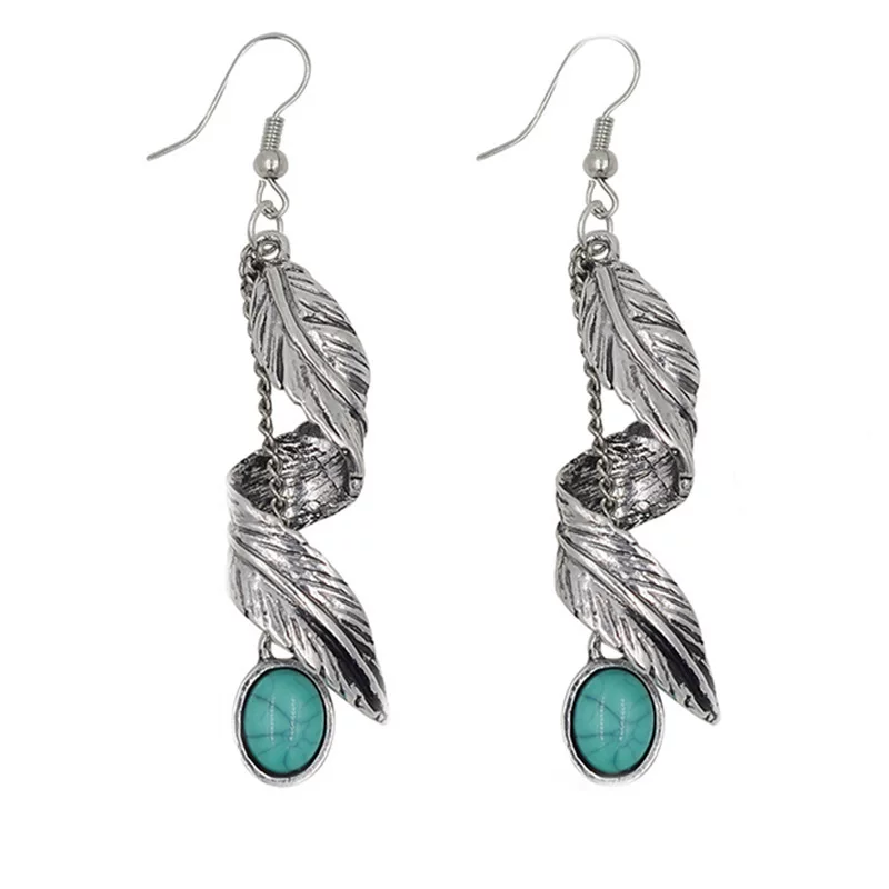 Retro Turquoise Drop Earrings, Ancient Silver Plated Leaf Dangle, Boho European Style