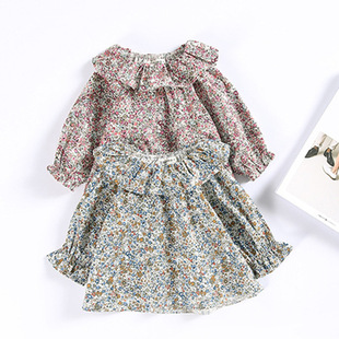 in stock Ins Japanese and Korean Girls Llace Collar Vintage Floral Doll Shirt Top Spring and Autumn Baby Long Sleeve Shirt