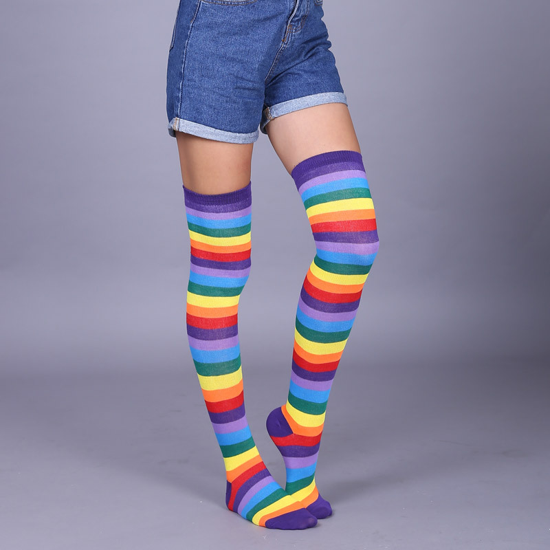 2025d Red Colorful Rainbow Striped Over-the-Knee Socks Extra Long Style_voghion.com