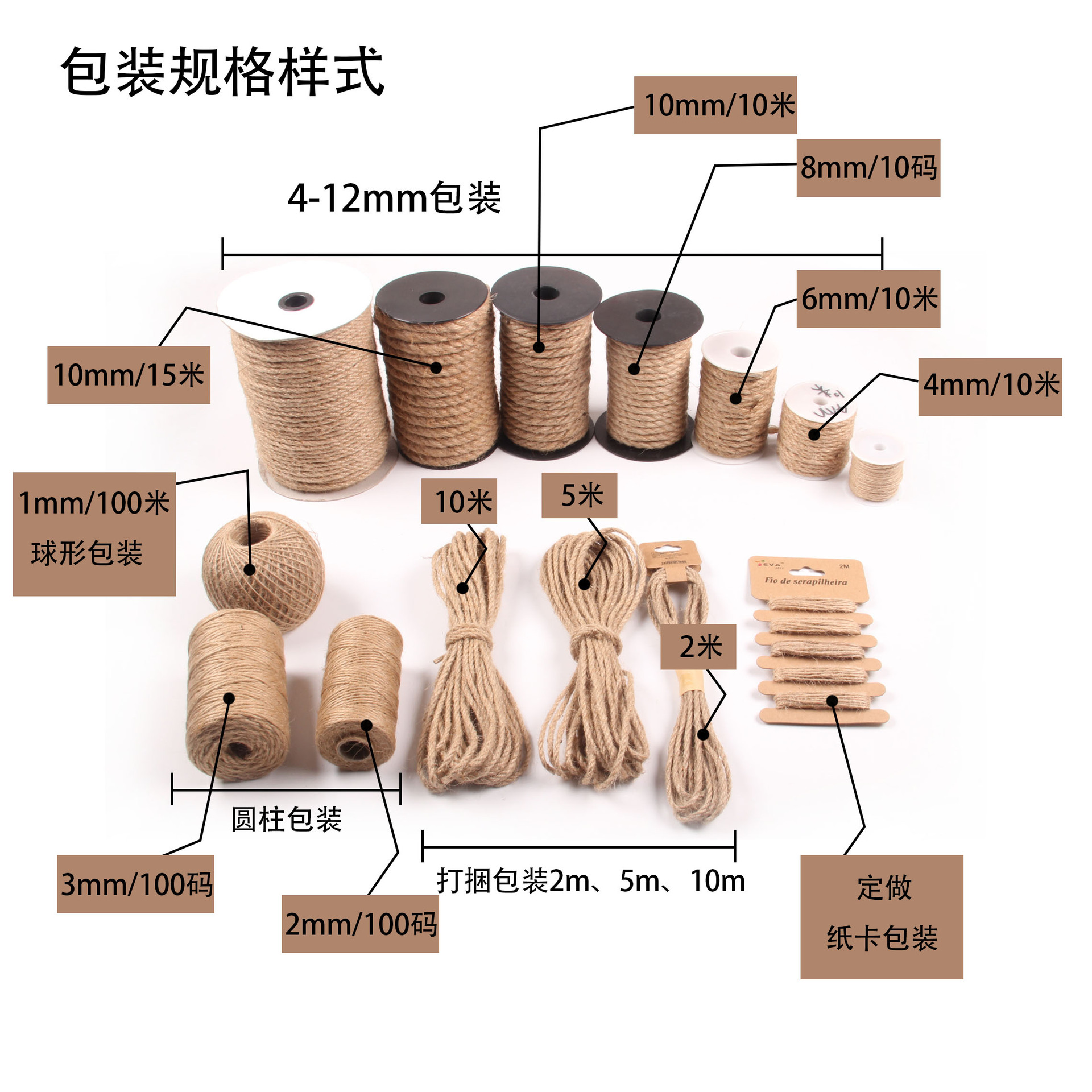 Cuerda de cáñamo de protección del medio ambiente, cuerda hecha a mano de bricolaje, decoración, embalaje, etiqueta, cuerda de cáñamo 1mm-20mm, varias especificaciones de grosor