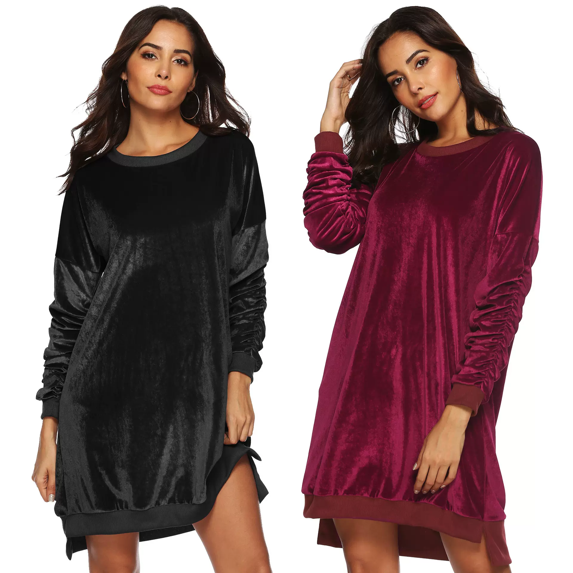 清仓跨境女装工厂直销 堆堆袖休闲宽松卫衣金丝绒连衣裙1729