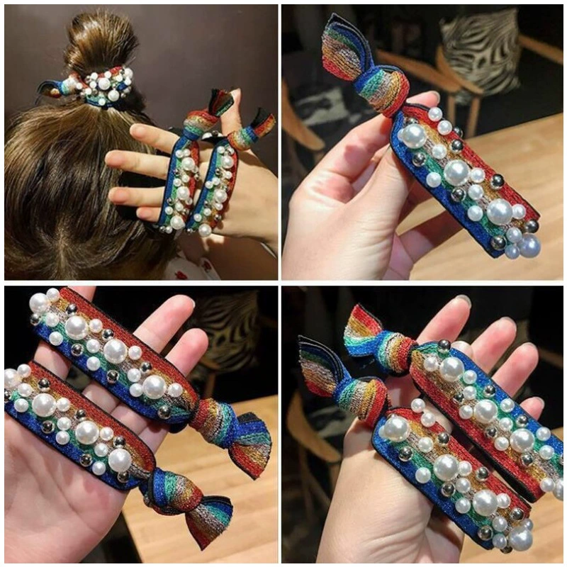 Fresh rainbow hair accessory, hair rope from pearl