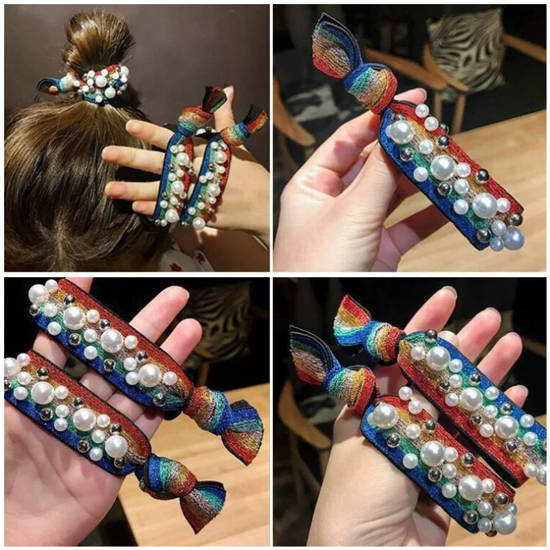 Fresh rainbow hair accessory, hair rope from pearl