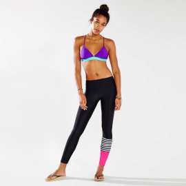 wish速卖通小腿黑白条纹拼接瑜伽裤九分小脚修身运动裤