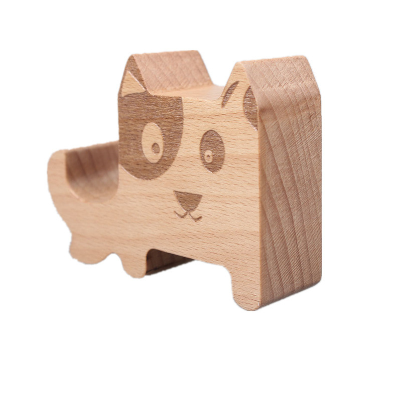 Soporte de teléfono móvil de madera maciza soporte de teléfono móvil de escritorio de dibujos animados cachorro base de teléfono móvil de madera libre logotipo tallado