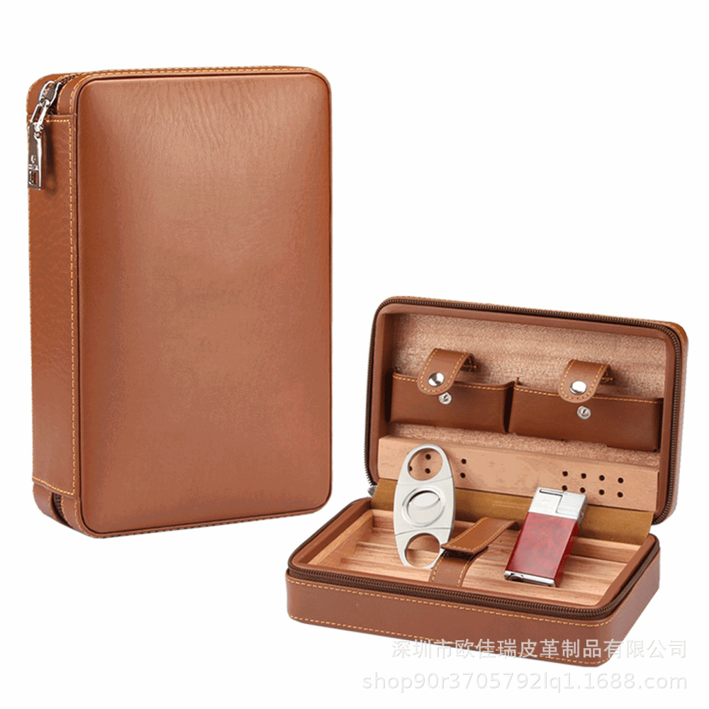 专业雪茄盒皮盒  便携雪茄剪打火机套装3只装雪茄保湿盒