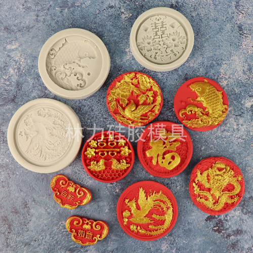 Chinese-style dragon, phoenix, peony, koi fish, swallow silicone molds, Chinese wedding celebration cake decoration chocolate fondant