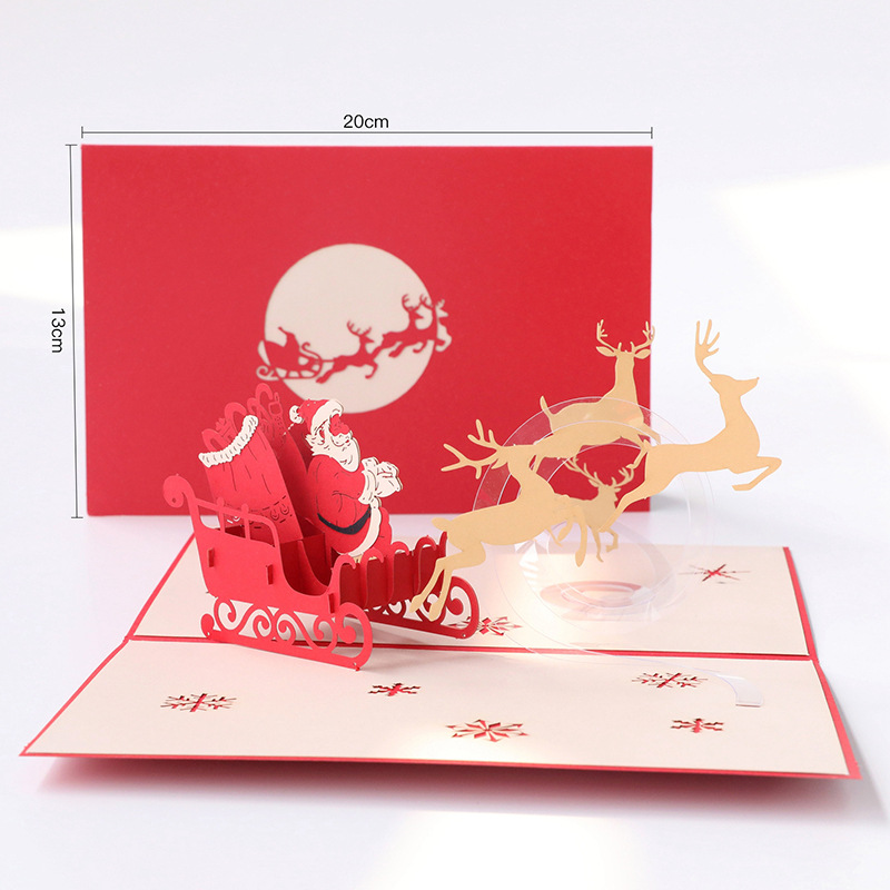 Christmas Greeting Card With Flying Deer And Cart Creative3 D Handmade Paper Carving Three-dimensional Holiday Blessing Postcard Small Card