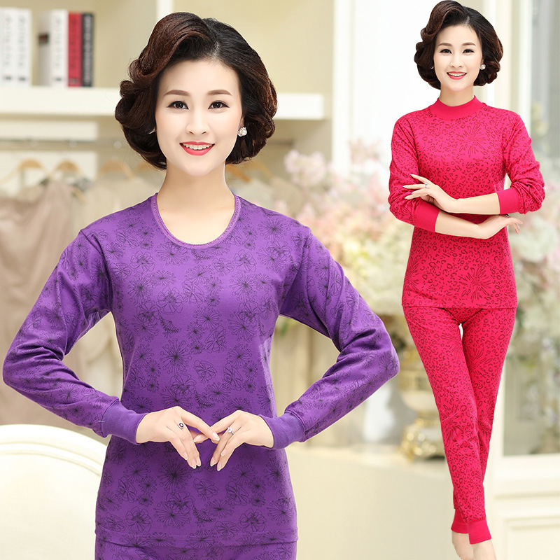 Middle-aged and elderly autumn clothes and trousers pure cotton thermal underwear women's underwear set Mother's bottoming without Velvet