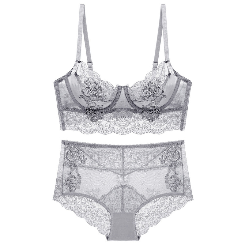 New French Style Sexy Lace Mesh Thin Perspective Bra Set Adjustable Breast-closing Underwear High Waist Underwear