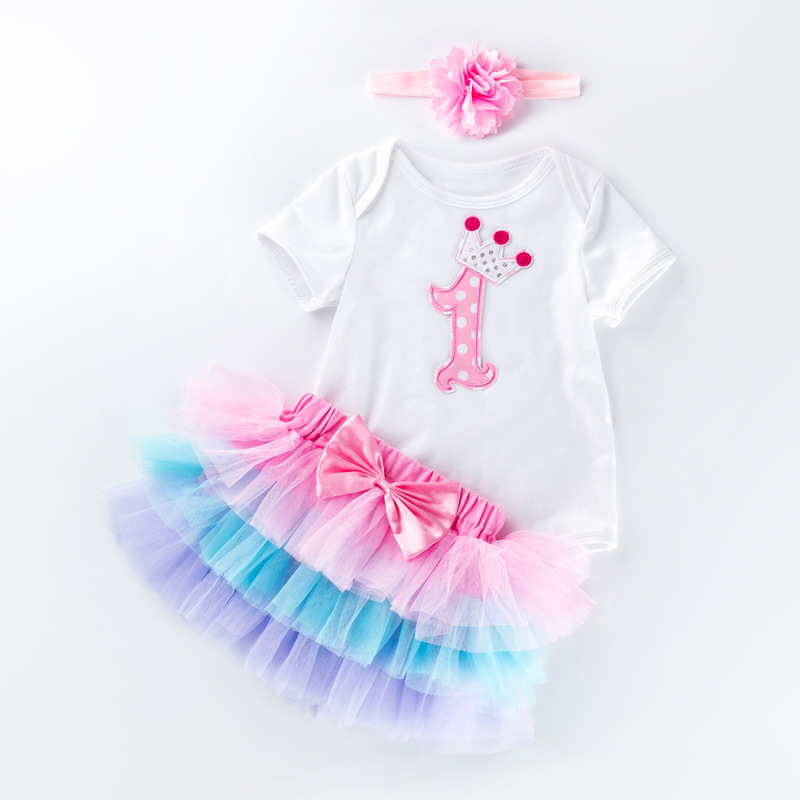Venta directa de fábrica: Conjunto de vestido para el primer cumpleaños de bebé niña, pelele de manga corta, falda de seis capas, accesorio para el cabello, conjunto de fiesta de 3 piezas.