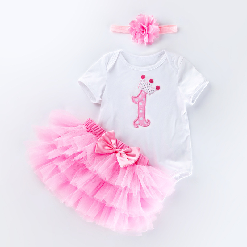 Venta directa de fábrica: Conjunto de vestido para el primer cumpleaños de bebé niña, pelele de manga corta, falda de seis capas, accesorio para el cabello, conjunto de fiesta de 3 piezas.
