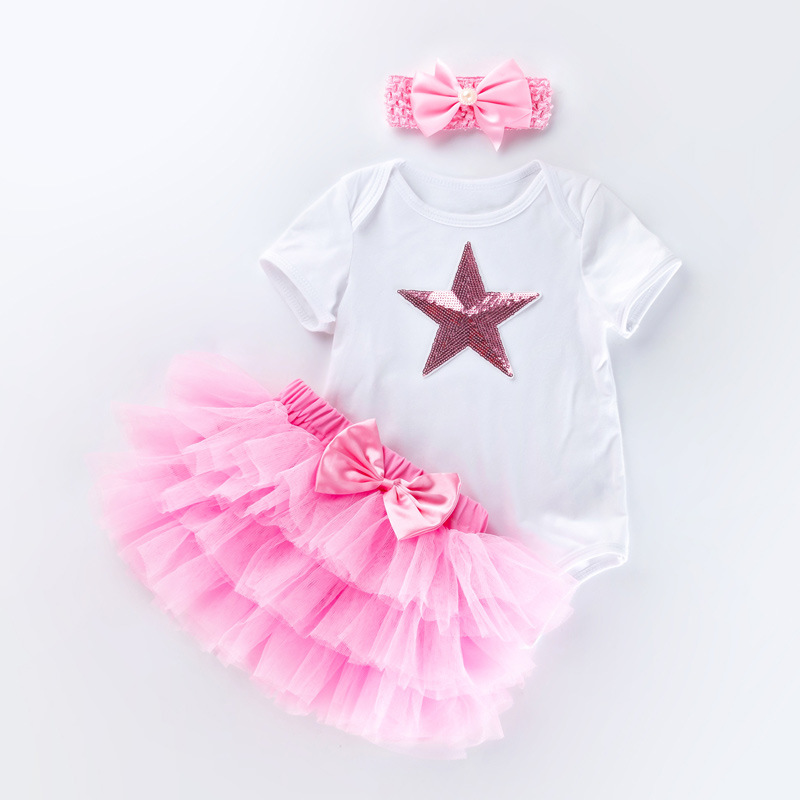 Venta directa de fábrica: Conjunto de vestido para el primer cumpleaños de bebé niña, pelele de manga corta, falda de seis capas, accesorio para el cabello, conjunto de fiesta de 3 piezas.