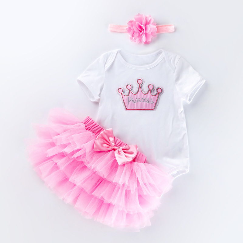Venta directa de fábrica: Conjunto de vestido para el primer cumpleaños de bebé niña, pelele de manga corta, falda de seis capas, accesorio para el cabello, conjunto de fiesta de 3 piezas.