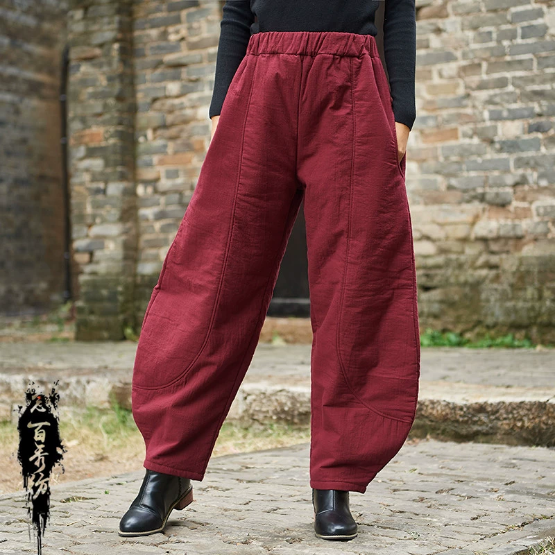 Новые женские брюки из хлопка и льна на осень/зиму 2025 года, в национальном стиле, ретро, больших размеров, свободные, утепленные, с подкладкой, теплые хлопковые брюки для медитации