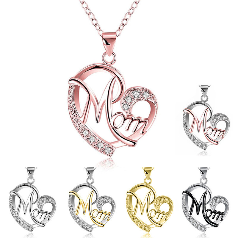 AliExpress deseo transfronterizo europeo y americano collar mamá en forma de corazón madre en forma de corazón de melocotón corazón clavícula cadena diamante incrustado carta collar