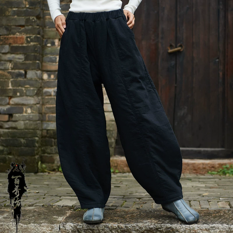 Новинка осени/зимы 2025: Женские брюки из хлопка и льна в стиле ретро, китайский стиль, стеганые, теплые, с эффектом «фонарь», от Nianbaixiu Textile