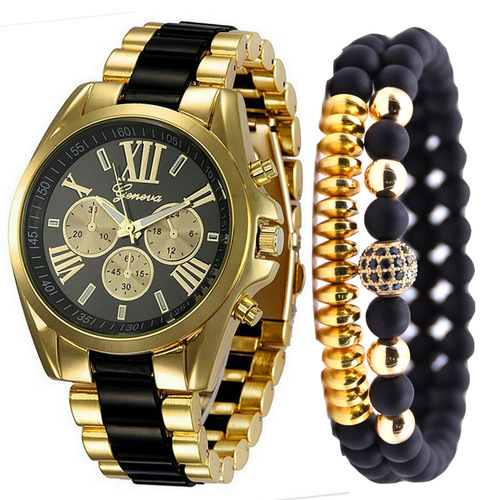 Fashionable and simple fake three-eye steel band quartz watch with free bracelet (3PCS/SET)