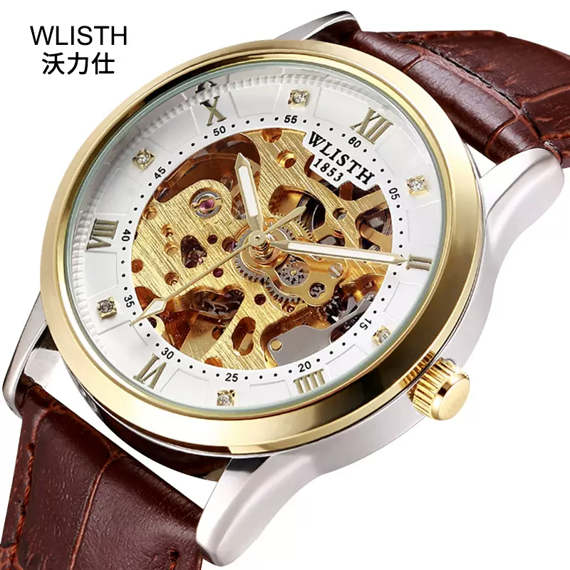 沃力仕机械手表镂空复古男士机械表男表皮带手表防水腕表代发批发