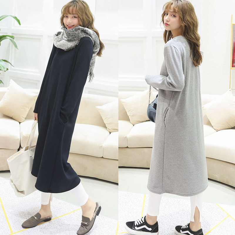 秋冬韩版女装圆领长裙长袖连衣裙加绒加厚打底裙宽松大码一件代发