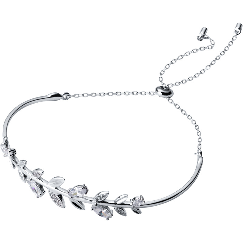 S925 pulsera de plata para mujeres coreanas pequeñas hojas de diamantes frescas ajustables joyas de hoja de oliva S2776
