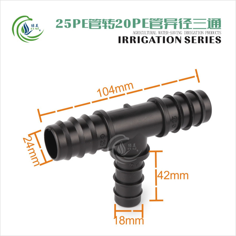 Nuevo material 25 PE tubo 20 PE tubo reducción de tres vías invernadero microrroyección goteo accesorios de riego 6 puntos 4 puntos