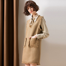 Q185620毛呢背心裙秋冬新款中长款马甲裙子衬衫套装裙两件套