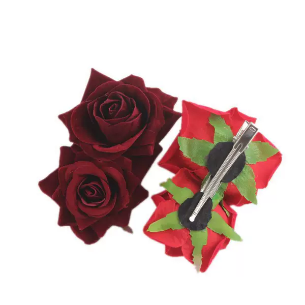 Cross-Border Hot Selling Double Velvet Rose Flower Hairpin Burgundy Simulated Flower Edge Clip New Bridesmaid Hair Headdress