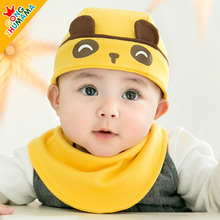 秋季婴儿童帽口水巾批发5362卡通可爱熊猫宝宝帽子棉质三角巾套装