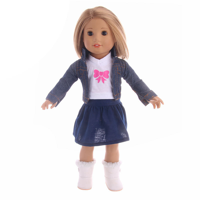 18 pulgadas American Girl muñeca accesorios ropa Denim + Camiseta + falda conjunto de tres piezas Comercio exterior al por mayor fábrica pelo recto
