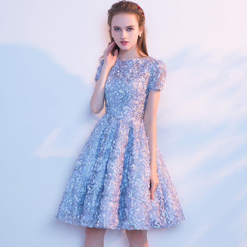 Annual Meeting Girlfriend Evening Dress 2022 New Autumn and Summer Mid-length Host Dress Women's Sky Blue Bridesmaid Dress