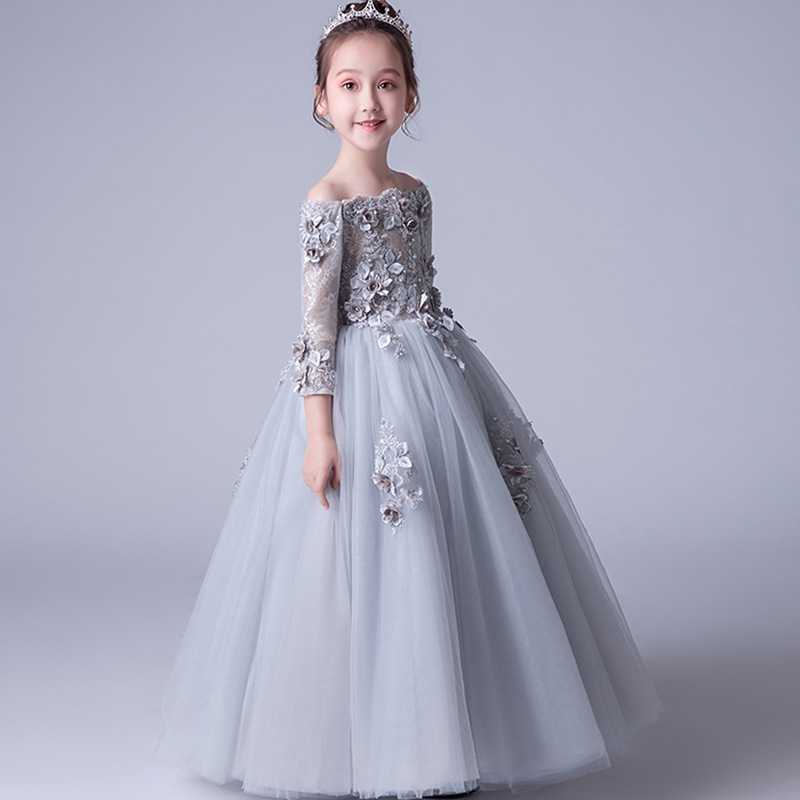 Girls Off-The-Shoulder Long Dress Princess Ball Gown Evening Performance Costume Flower Girl Birthday Emcee Dress_voghion.com